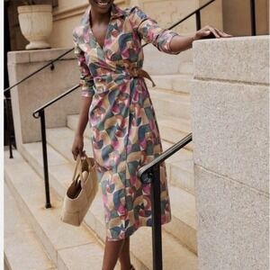 J. McLaughlin NWT ($228) Multicolor Geometric Harmony Belted Dress Midi Medium